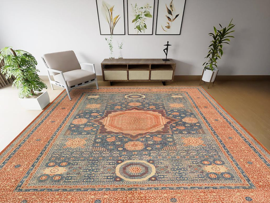 Geometric Mamluk Ron Rust Blue Hand Knotted Area rugs 10x14 – Bareens ...