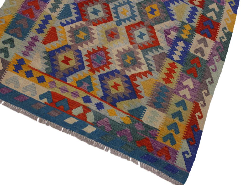 handmade Geometric Kilim Ivory Blue Hand-Woven RECTANGLE 100% WOOL area rug 5x6