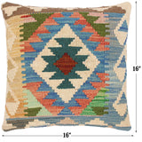 handmade Traditional Pillow Blue Beige Hand-Woven SQUARE 100% WOOL area rug