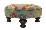 handmade Traditional Cocktail Ottoman Blue Rust round 100% hand woven vegetable dyed kilim wool rug 24'' x 24'' x 12''