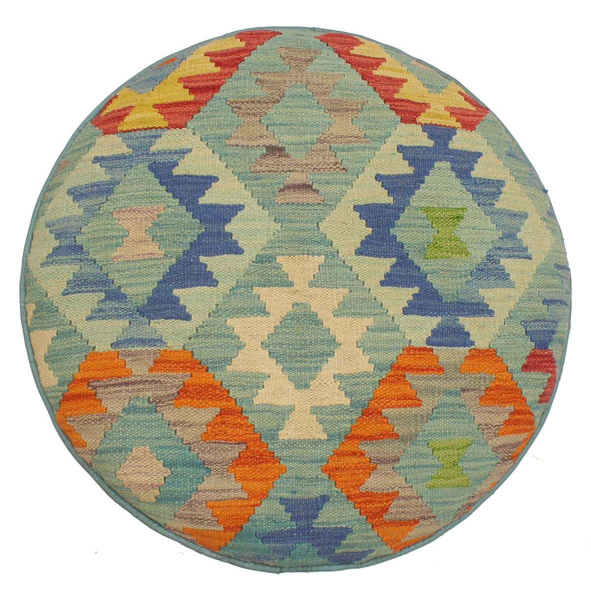 handmade Traditional Cocktail Ottoman Blue Rust round 100% hand woven vegetable dyed kilim wool rug 24'' x 24'' x 12''
