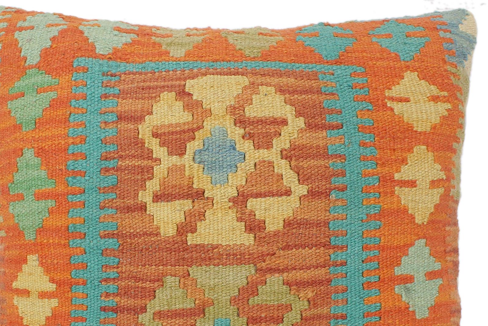 handmade Tribal Turkish Antique Blue Orange Hand-Woven SQUARE 100% WOOL pillow