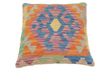 handmade Traditional Pillow Blue Orange Hand-Woven SQUARE 100% WOOL Hand woven turkish pillow2' x 2'