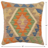 handmade Traditional Pillow Blue Orange Hand-Woven SQUARE 100% WOOL Hand woven turkish pillow2' x 2'