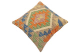 handmade Traditional Pillow Blue Orange Hand-Woven SQUARE 100% WOOL Hand woven turkish pillow2' x 2'