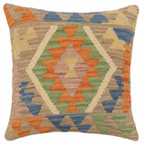 handmade Traditional Pillow Blue Orange Hand-Woven SQUARE 100% WOOL Hand woven turkish pillow2' x 2'