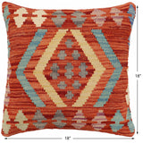 handmade Traditional Pillow Rust Blue Hand-Woven SQUARE 100% WOOL Hand woven turkish pillow2' x 2'