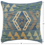 handmade Traditional Pillow Blue Gray Hand-Woven SQUARE 100% WOOL Hand woven turkish pillow2' x 2'