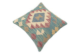 handmade Traditional Pillow Blue Beige Hand-Woven SQUARE 100% WOOL  Hand woven turkish pillow  2 x 2