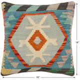 handmade Traditional Pillow Rust Blue Hand-Woven SQUARE 100% WOOL Hand woven turkish pillow2' x 2'