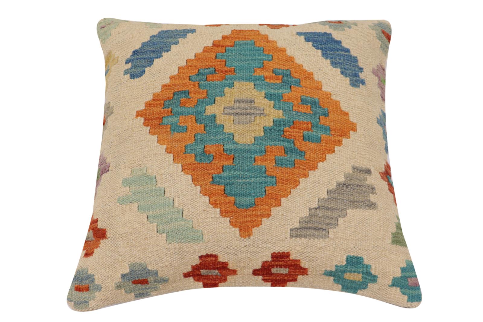 handmade Traditional Pillow Beige Blue Hand-Woven SQUARE 100% WOOL Hand woven turkish pillow2' x 2'