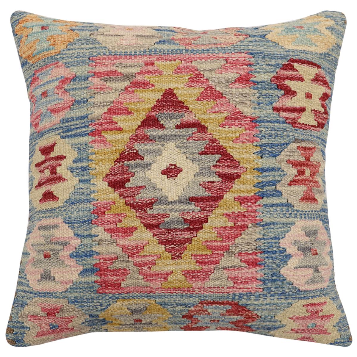 handmade Traditional Pillow Blue Gold Hand-Woven SQUARE 100% WOOL Hand woven turkish pillow2' x 2'