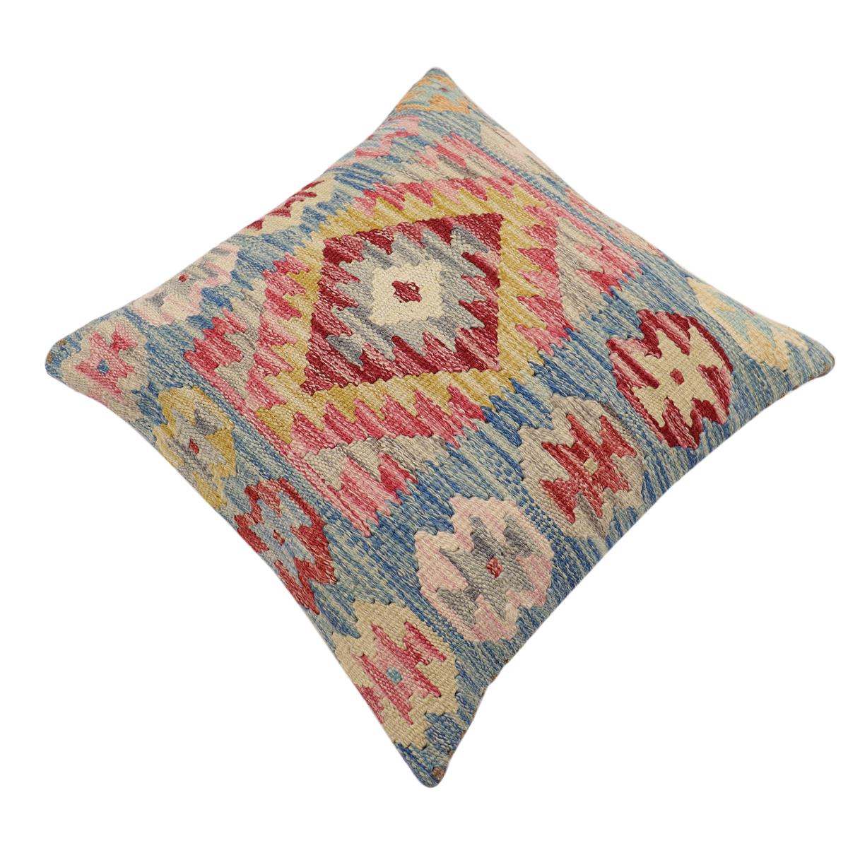 handmade Traditional Pillow Blue Gold Hand-Woven SQUARE 100% WOOL Hand woven turkish pillow2' x 2'