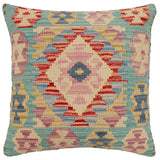 handmade Traditional Pillow Blue Beige Hand-Woven SQUARE 100% WOOL Hand woven turkish pillow2' x 2'