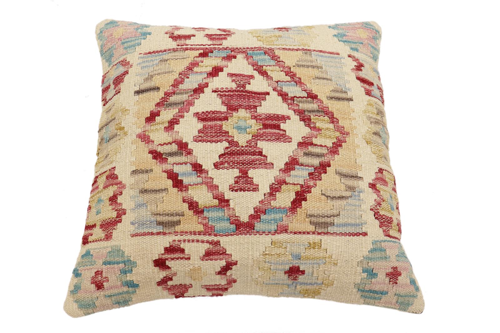 handmade Traditional Pillow Beige Red Hand-Woven SQUARE 100% WOOL Hand woven turkish pillow2' x 2'