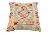 handmade Traditional Pillow Beige Blue Hand-Woven SQUARE 100% WOOL Hand woven turkish pillow2' x 2'