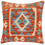 handmade Traditional Pillow Rust Blue Hand-Woven SQUARE 100% WOOL  Hand woven turkish pillow  2 x 2