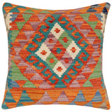 handmade Traditional Pillow Rust Blue Hand-Woven SQUARE 100% WOOL Hand woven turkish pillow2' x 2'