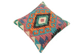 handmade Traditional Pillow Rust Blue Hand-Woven SQUARE 100% WOOL Hand woven turkish pillow2' x 2'