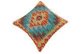 handmade Traditional Pillow Rust Blue Hand-Woven SQUARE 100% WOOL Hand woven turkish pillow2' x 2'