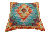 handmade Traditional Pillow Rust Blue Hand-Woven SQUARE 100% WOOL Hand woven turkish pillow2' x 2'