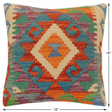 handmade Traditional Pillow Rust Blue Hand-Woven SQUARE 100% WOOL Hand woven turkish pillow2' x 2'